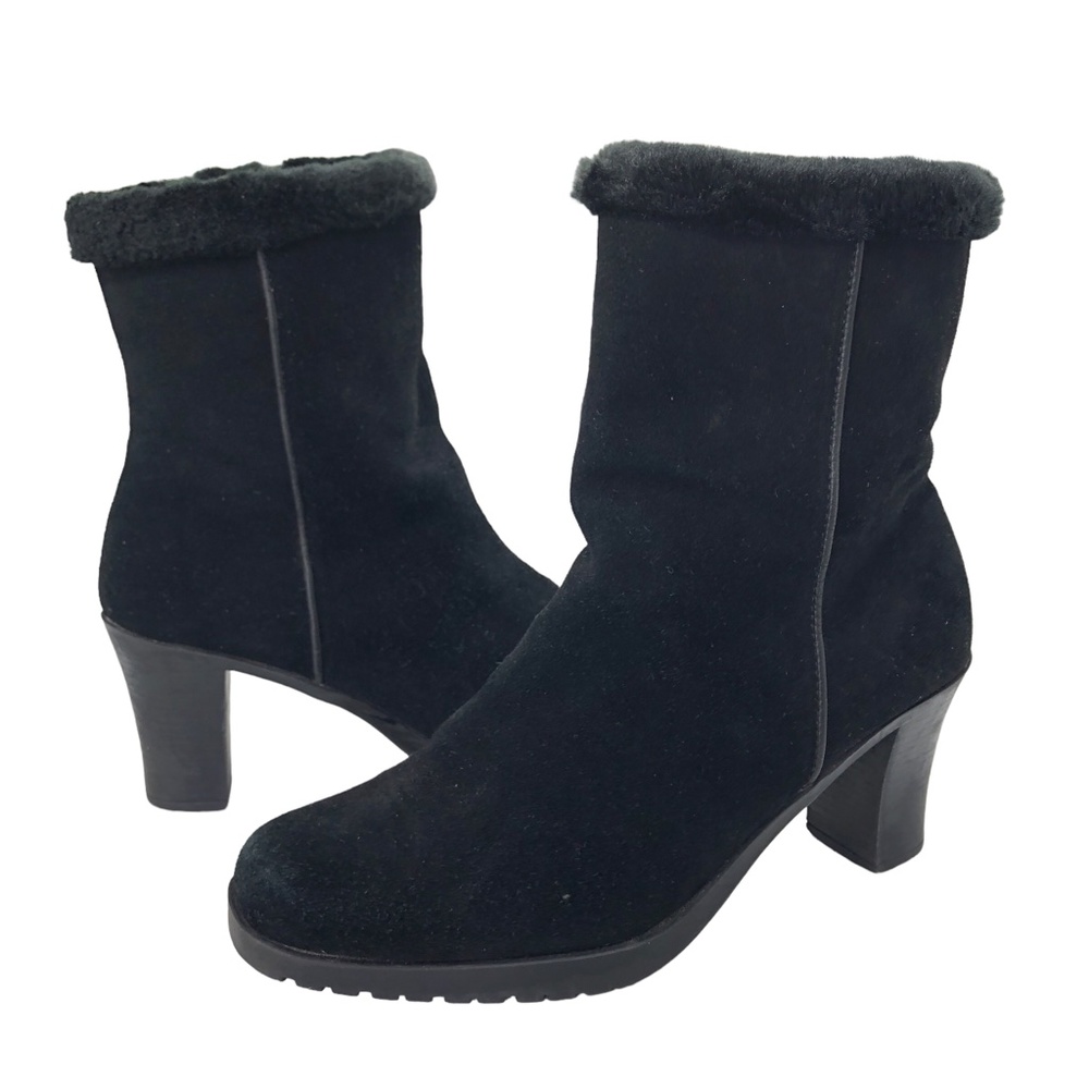 Sporto Women’s Black Suede Waterproof Faux Fur Heeled Ankle Boots Zipper Size 7M